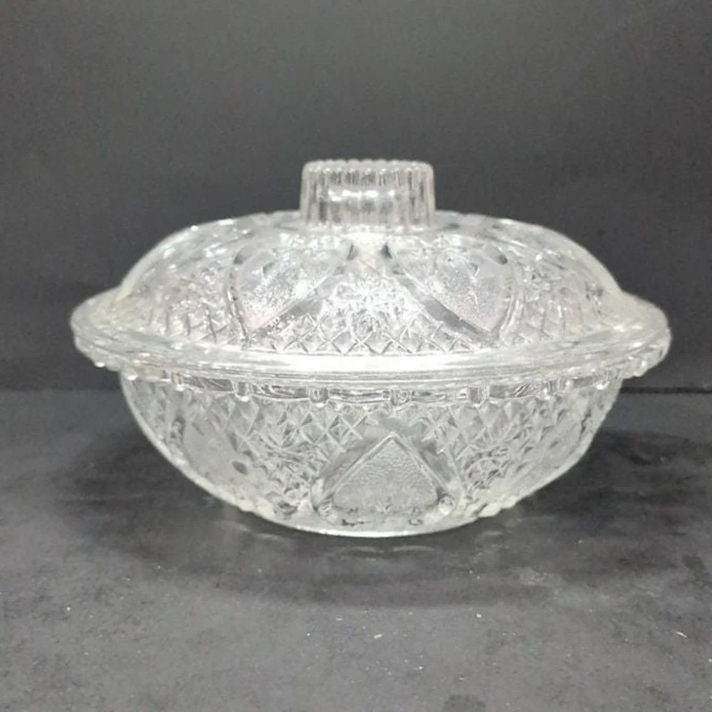 Pasari Indonesia Lidded Candy Dish, Hearts &‎ Flowers Pattern, Pressed Glass Jar
